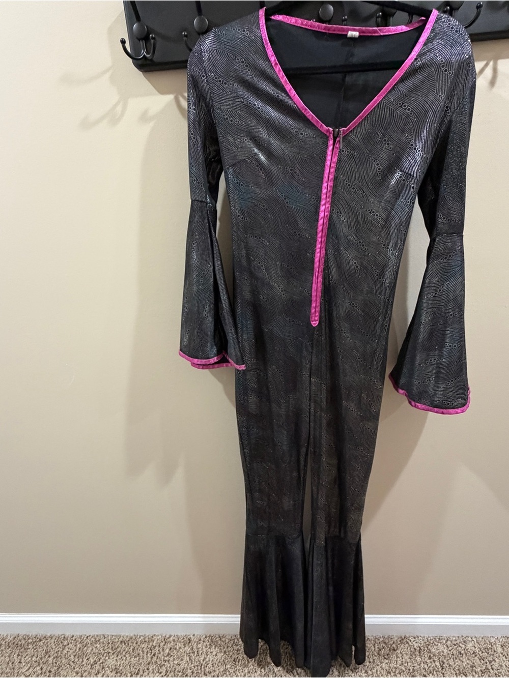 Black Metallic One Piece Bell Sleeve and Bottom Zip Up Suit Pink Trim Sz OSFM